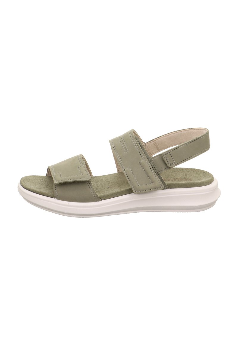Grüne Leder-Sandalen mit zwei verstellbaren Riemen, weich gepolstertem Fußbett aus Wildleder und einer leichten weißen Gummisohle. Seitenansicht ohne Hintergrund.