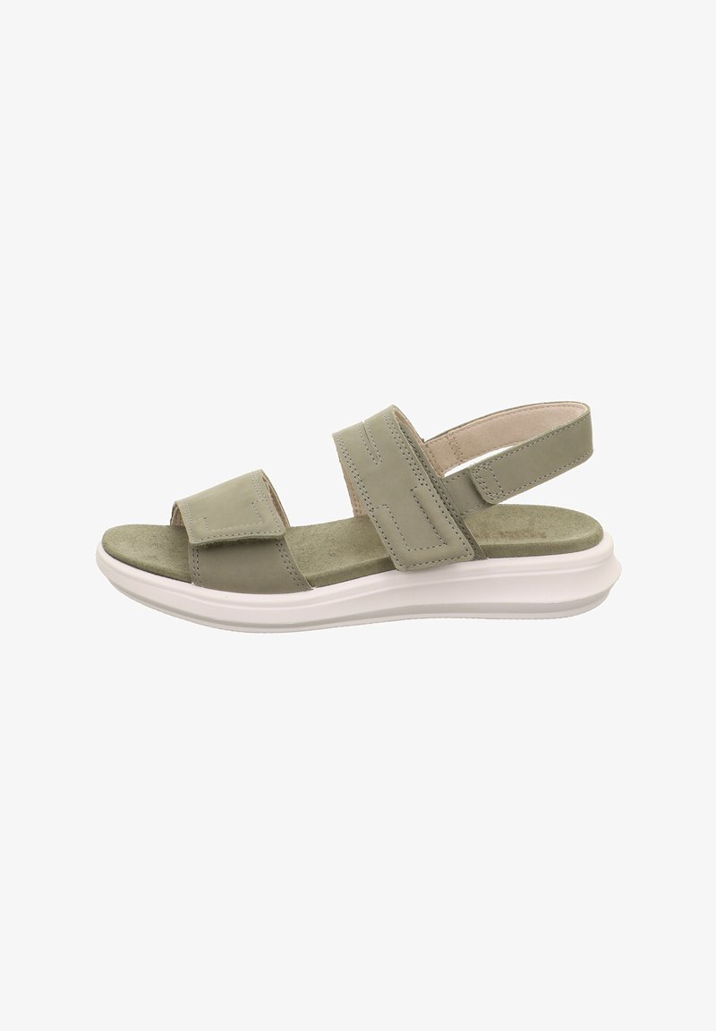 Grüne Leder-Sandalen mit zwei verstellbaren Riemen, weich gepolstertem Fußbett aus Wildleder und einer leichten weißen Gummisohle. Seitenansicht ohne Hintergrund.