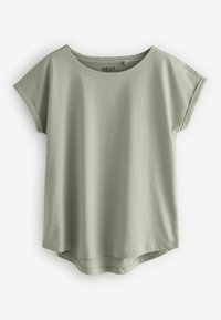Hellgrünes, kurzärmliges T-Shirt mit Rundhalsausschnitt und abgerundetem Saum. Hergestellt aus glattem Stoff mit einem lockeren Schnitt und minimalen Details.