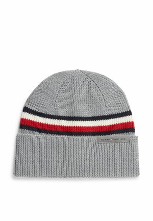 Gray knit beanie with folded cuff, featuring black, white, and red stripes above the cuff and a small Tommy Hilfiger logo tag.