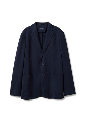 Marineblaues Herrenblazer mit Kerbkragen, zwei vorderen Knöpfen, Brusttasche und zwei großen aufgesetzten Taschen.