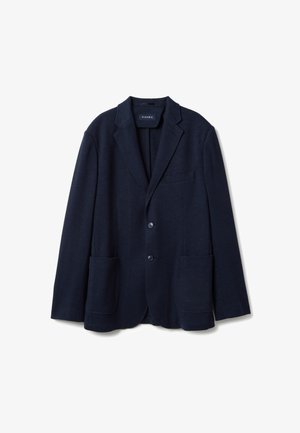 Marineblaues Herrenblazer mit Kerbkragen, zwei vorderen Knöpfen, Brusttasche und zwei großen aufgesetzten Taschen.