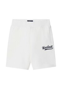 Pantalones cortos blancos de algodón con cintura elástica y bolsillos laterales. Presentan el logo "Hackett" en azul marino bordado en la pierna izquierda.