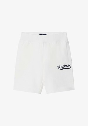 Pantalones cortos blancos de algodón con cintura elástica y bolsillos laterales. Presentan el logo "Hackett" en azul marino bordado en la pierna izquierda.