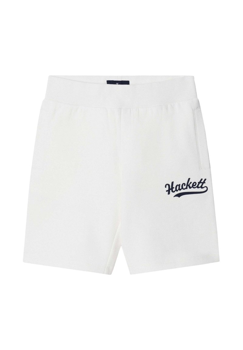 Pantalones cortos blancos de algodón con cintura elástica y bolsillos laterales. Presentan el logo "Hackett" en azul marino bordado en la pierna izquierda.