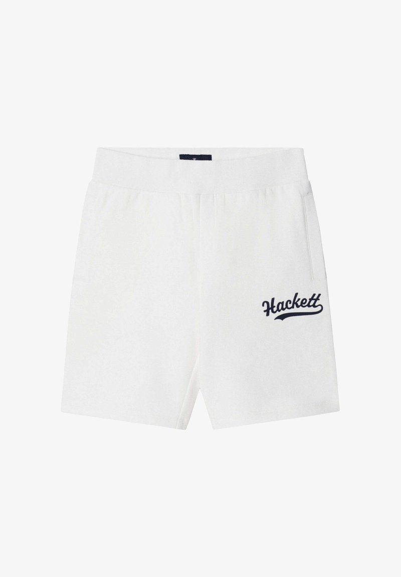Pantalones cortos blancos de algodón con cintura elástica y bolsillos laterales. Presentan el logo "Hackett" en azul marino bordado en la pierna izquierda.