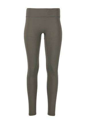 Olijfgroene leggings van rekbaar, glad materiaal met een hoge tailleband, voorzien van een platte nadenontwerp voor comfort en een strakke pasvorm.