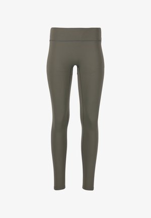 Olijfgroene leggings van rekbaar, glad materiaal met een hoge tailleband, voorzien van een platte nadenontwerp voor comfort en een strakke pasvorm.