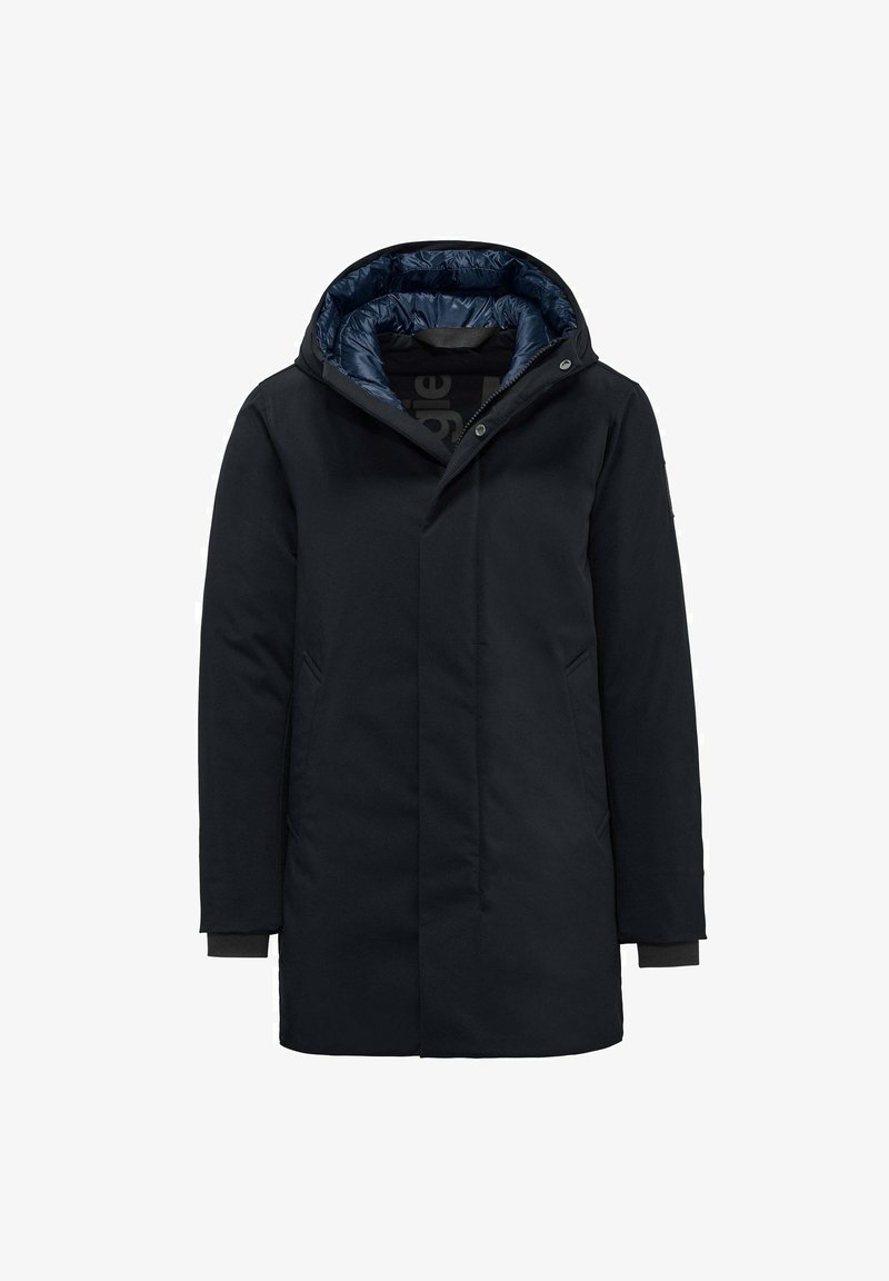Zwarte geïsoleerde parka met een capuchon, voorzien van een blauwe gewatteerde voering, voorkruizen en lange mouwen met gebreide manchetten.
