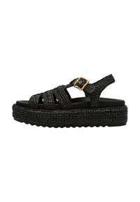 Schwarze Plattform-Sandalen mit geflochtenen Oberschnallen und einer Schnallenakzentuierung. Texturiertes Fußbett mit einer dicken geflochtenen Sohle, die erheblichen Auftrieb bietet.