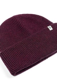 Burgundy knit beanie with a ribbed texture and a folded cuff. Features a small square tag with logo on the side.