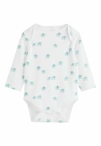 Pikad varrukad valge bodysuit kergete sinise elevandimustriga, valmistatud pehmest puuvillast, allosas nuppudega lihtsaks riietumiseks.