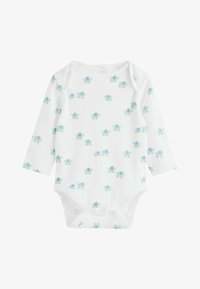 Bodysuit blanco de manga larga con un estampado de elefantes en azul claro, hecho de algodón suave, con broches en la parte inferior para facilitar el vestido.