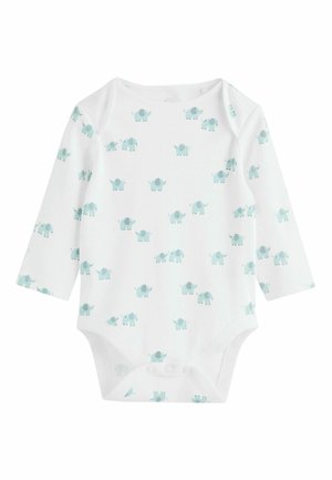 Bílý bodýs s dlouhými rukávy a světle modrým vzorem slonů, vyrobený z měkké bavlny, s patentkami na spodní straně pro snadné obléknutí.