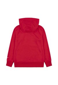 Felpa rossa con tasca a marsupio, maniche lunghe e cappuccio. Presenta un sottile logo bianco sulla manica sinistra. Tessuto morbido e testurizzato.
