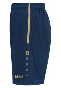 Shorts de sport navy en tissu léger, dotés d'une bande dorée et de boutons. Logo imprimé sur la jambe inférieure gauche.