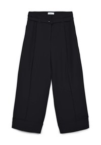 Pantaloni neri a gamba larga con orli cuffed e una cintura in tessuto coordinato con fibbia in vita, adagiati su uno sfondo bianco.