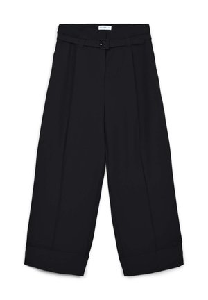 Pantalons larges noirs avec des ourlets retroussés et une ceinture en tissu assortie avec boucle à la taille, posés à plat sur un fond blanc.
