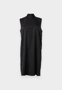 Svart ärmlös klänning med hög halsringning, gjord av ett mjukt tyg, med en lös passform och subtila reflekterande detaljer över ytan.