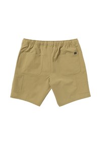 Khaki shorts with an elastic waistband, two rear pockets, and side patch pockets. Smooth fabric with a lightweight design.