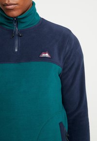 Pullover in pile verde e blu navy, con collo alto, chiusura con mezza zip e logo di montagna con marchio sul petto. Texture liscia.