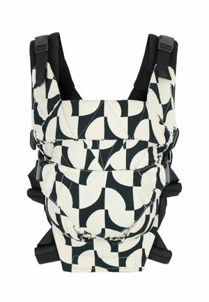 Black and white geometric patterned baby carrier with padded shoulder straps and adjustable buckles.