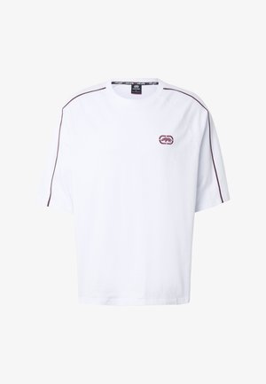 Fehér rövid ujjú póló bordó szegéllyel az ujjakon és kis bordó állatlogóval a bal mellrészen.