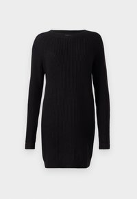 Robe pull noire en tricot avec manches longues, texture côtelée, col rond et fentes latérales à l'ourlet, présentant une coupe ample.