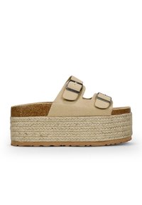 Sandali platform beige con due cinturini regolabili, soletta in sughero e intersuola in juta intrecciata; suola piatta in gomma per una buona aderenza.