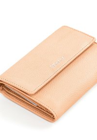 Folded beige leather wallet with textured finish and a flap closure, showing a small silver brand logo on the flap.