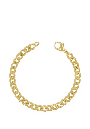 Goldfarbiges Panzerkettchen-Armband mit Karabinerverschluss, polierter Oberfläche und ineinandergreifenden flachen Gliedern.