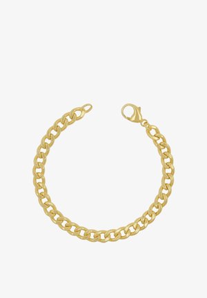 Bracciale a catena curb in tonalità oro con chiusura a moschettone, finitura lucida e maglie piatte incrociate.