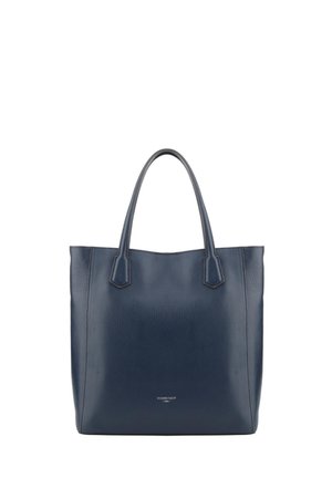 Sac cabas en cuir bleu marine avec deux anses et un logo discret de la marque centré près du bas sur fond blanc.