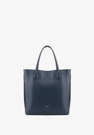 Sac cabas en cuir bleu marine avec deux anses et un logo discret de la marque centré près du bas sur fond blanc.