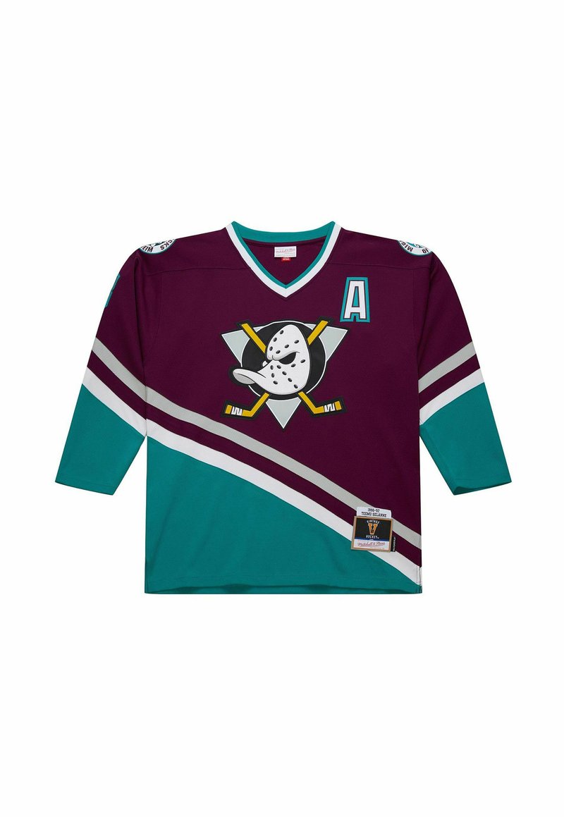 Maglia da hockey con colori bordeaux e turchese, caratterizzata da un logo con bastoni da hockey incrociati e una maschera, strisce bianche e una "A" sul petto.