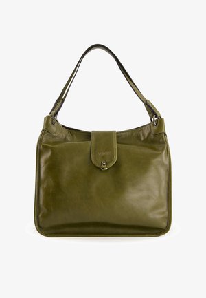 Grüne Lederhandtasche mit glatter Textur, ausgestattet mit einem einzelnen Henkel, einem Klappverschluss mit Druckknopf und dezentem Branding an der Vorderseite.