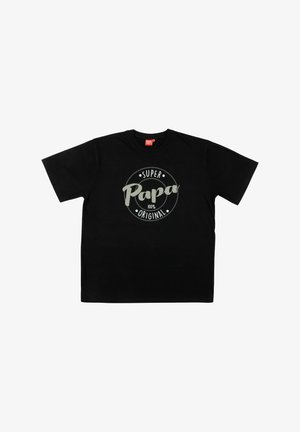 Black short-sleeve t-shirt featuring a circular graphic design with the text "Super Papa 100% Original" in contrasting colors. Smooth fabric texture.