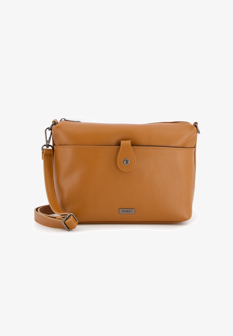 Tan leather crossbody bag with a sleek design, top zipper, decorative snap closure, and adjustable strap. Features a subtle logo.