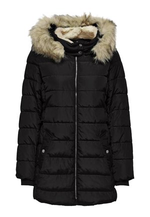 Czarna pikowana zimowa kurtka z przednim zamkiem błyskawicznym, bocznymi kieszeniami oraz kapturem wyściełanym jasnym futerkiem i miękką podszewką wewnętrzną.