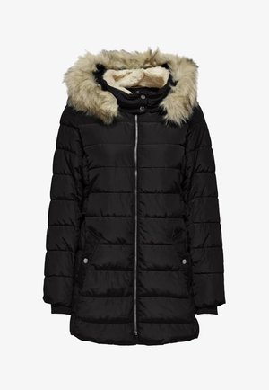 Manteau d'hiver noir matelassé avec fermeture éclair à l'avant, poches latérales, et capuche doublée de fourrure claire et d'une doublure intérieure douce.