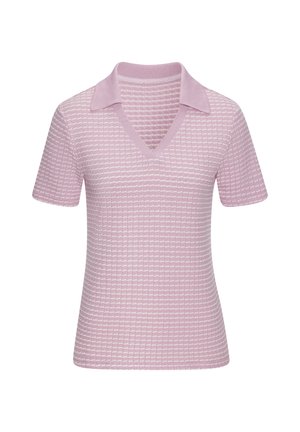 Polohemd in hellrosa, mit einem strukturierten Muster, kurzen Ärmeln und einem V-Ausschnitt mit einem kontrastierenden Kragen in glatter Oberfläche.