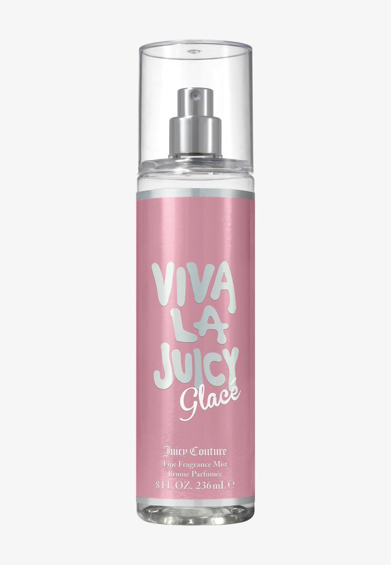 Bottiglia spray in plastica trasparente con etichetta rosa con la scritta "Viva La Juicy Glacé" e "Juicy Couture fine fragrance mist 236ml"