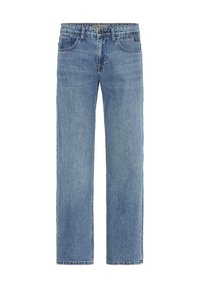Ljust blå denimjeans med rak ben-design, femficksstil och kontrasterande sömnadsdetaljer vid sömmarna.