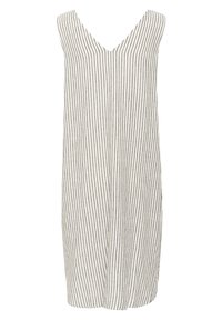 Vestido sin mangas de tejido blanco con rayas verticales negras, con diseño de escote en V y un corte suelto y relajado.