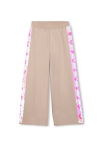 Beige wijde broek met een levendige roze en witte paillettenstreep aan elke zijkant. Comfortabele tailleband voor gemakkelijk draagcomfort.