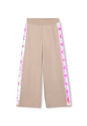 Beige wide-leg pants featuring a vibrant pink and white sequined stripe down each side. Comfortable waistband for easy wear.