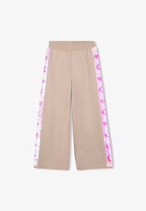 Beige wijde broek met een levendige roze en witte paillettenstreep aan elke zijkant. Comfortabele tailleband voor gemakkelijk draagcomfort.