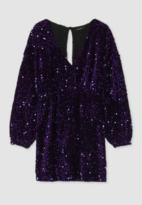 Abito in velluto viola con paillettes, scollatura a V profonda, retro nero, maniche lunghe a palloncino, vita elastica e superficie testurizzata.