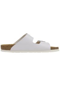 White slide sandal with a cork footbed, open-toe design, and adjustable metal buckle detail. Smooth texture and minimalistic style.