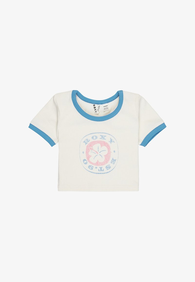 White short-sleeve t-shirt with blue ribbed collar. Center features a graphic of a hibiscus flower and "ROXY EST 90" in pink and blue.